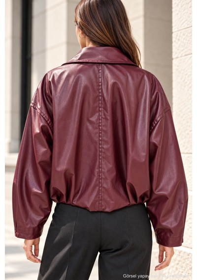 Polo State Kadın Bordo Kemer Detaylı Fermuarlı Oversize Suni Deri Ceket