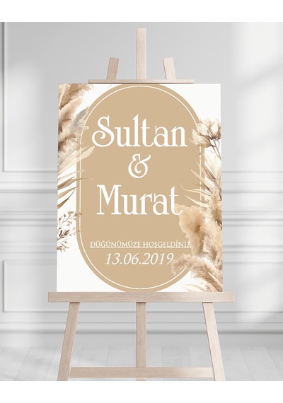 Söz Nişan Düğün İçin 50x70 Karşılama Panosu - Sşeftali Çiçek Desenli Beyaz
