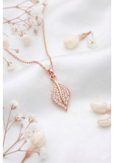 Çekirdekjewelry 925 Ayar Gümüş Rose Kaplama Minik Yaprak Kolye Pembe