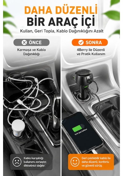 4berry 48w Süper Hızlı Şarj Destekli Geri Çekilebilir Kablolu Araç Şarj Cihazı