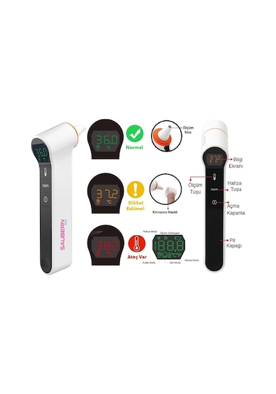 Saubern Bnt9603 Temassız Alından Ateş Ölçer - Kulaktan Ateş Ölçer - Dijital Termometre - Işıklı Ekran