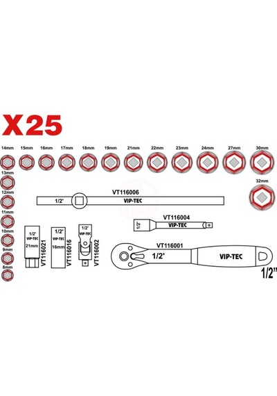 Vıp-tec 1/2 Altı Koşe Lokma Anahtar Takımı 25 Parça