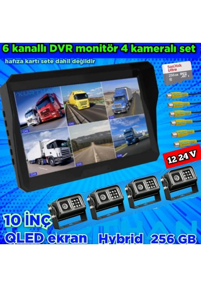 4 Adet Metal Kasa Ir Kamera 6 Kanallı 10'' Dvr Monitör Set 12-24v
