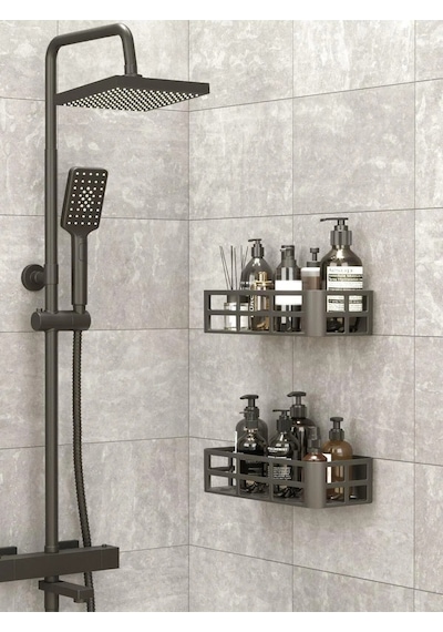 Banyo Düzenleyici Şampuanlık Sabunluk 2 Li Set Yapışkanlı Duşakabin Düzenleyici Organizer Siyah