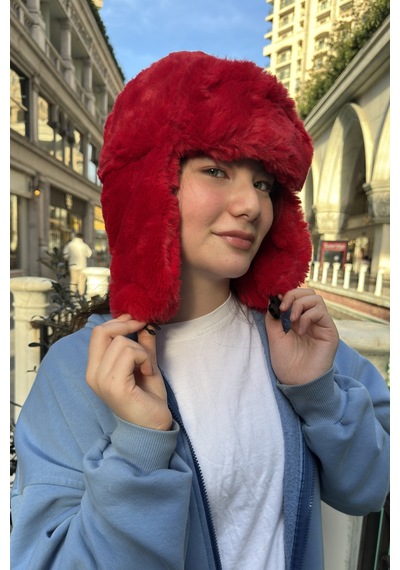 Mollycrush Genç Kırmızı Peluş Pilot Şapka Uniseks Trend Kulaklıklı Kışlık Ushanka Model Kırmızı