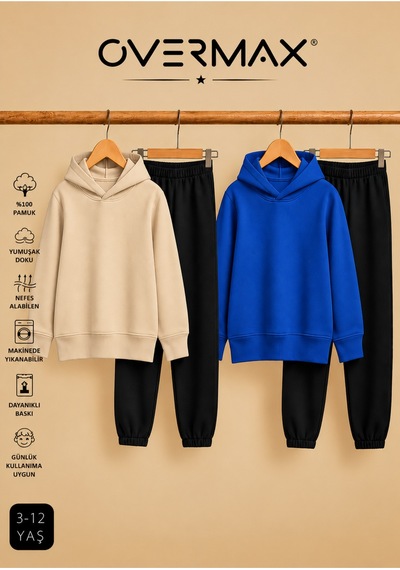 Overmax 2 Li Çocuk Kapüşonlu Eşofman Takımı Sweatshirt & Eşofman Altı 3-12 Yaş Bej-siyah, Saks Mavi-siyah - 919953561 Bej-siyah, Saks Mavi-siyah
