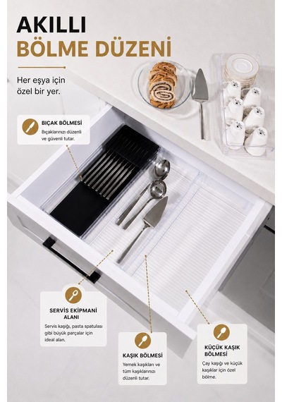 Çekmece İçi Bıçaklık Organizer Bölmeli Mutfak Düzenleyici Siyah S-11029