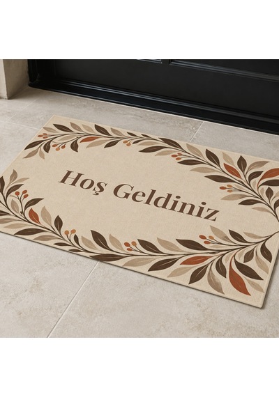 Kartela Halı Hoş Geldiniz Yazılı Yaprak Desenli Kapı Paspası Bej Kaymaz Kauçuk Taban 50x75 Cm