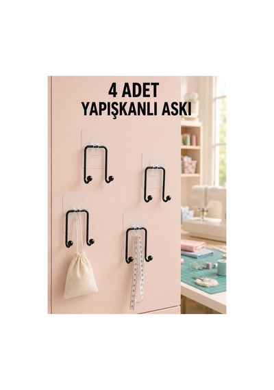 4 Adet Çok Amaçlı Yapışkanlı Askılık Ev Düzenleyici Duvar Askı Seti Siyah