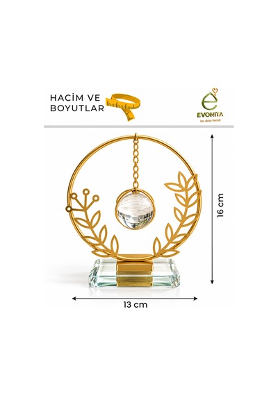 Evonıta Dekoratif Cam Küreli Yapraklı Halka Biblo Altın Renk Kristal Tabanlı Sallanan Küre Masa Üstü Salon Dekoru