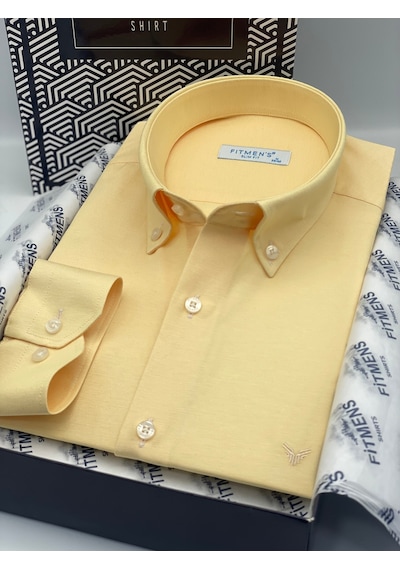 Slim Fit Uzun Kol Pamuklu Hediye Kutulu Kolay Ütülenebilir Erkek Gömlek Fs-002225 - Sarı-2808