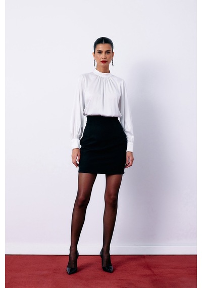 Sateen Yaka Detaylı Saten Bluz - Ekru