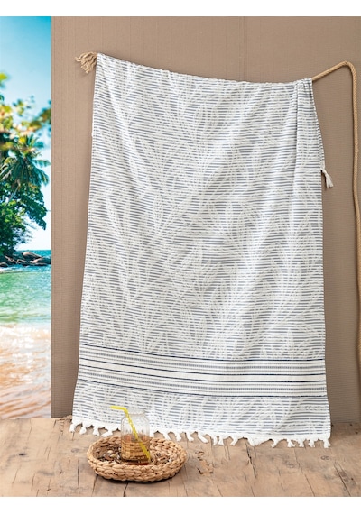 %100 Pamuk Havlu Peştemal, Yaprak Jakarlı, Saçaklı Plaj Ve Banyo Havlusu 90x170 Cm - İndigo Indıgo Indigo