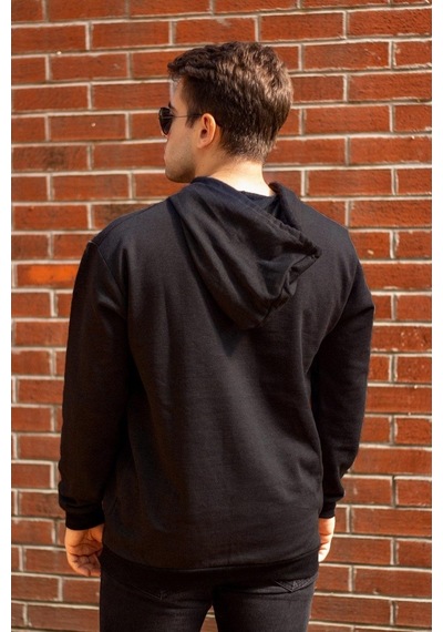 Erkek Siyah Düz Basic Kapüşonlu Cepli Oversize Sweatshirt 21Eswt1