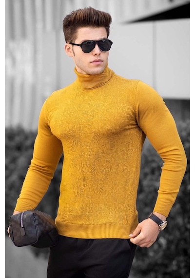 Madmext Hardal Balıkçı Yaka Önü Desenli Kazak 4657 Hardal