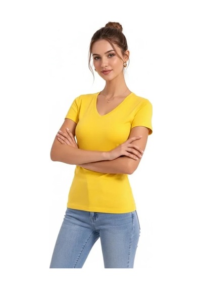 Valensdesign T-shirt V Yaka Slim Fit Likralı Tişört Günlük Basic Body - Sarı