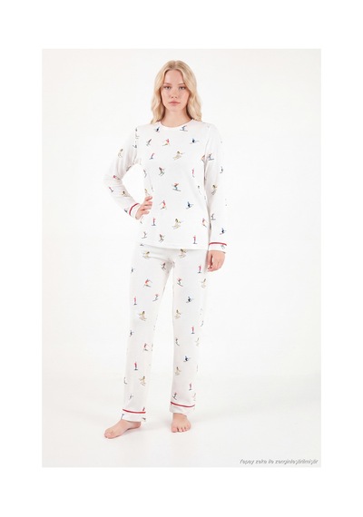 Lela Kış Temalı Bisiklet Yaka Uzun Kollu Pijama Takımı Kadın Pijama Takımı 6575019 Ekru