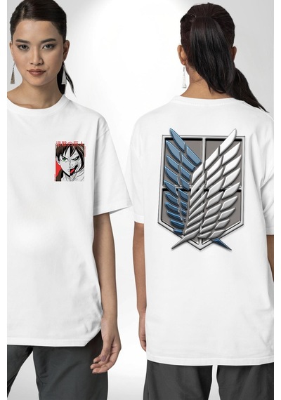 Anime Titan Saldırısı Beyaz Oversize Unisex Ön Ve Sırt Baskılı Tişört Beyaz