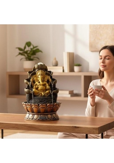 Dekoratif Büyük Ganesha Figürlü Led Işıklı Masaüstü Su Şelalesi Feng Shui Ev Ofis Dekoru 40 Cm