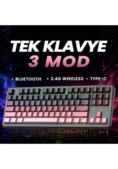 Aula F87 Pro Mekanik Rgb Tkl Graywood V4 Switch Kablosuz Makrolu Hot Swap Klavye Gradyan Pembe