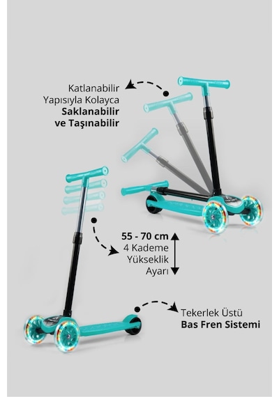 T212-M Katlanabilir Led Işıklı Scooter / 4 Kademe Ayarlanabilir Yükseklik Ayarı (55-70cm)/ Arka Fren