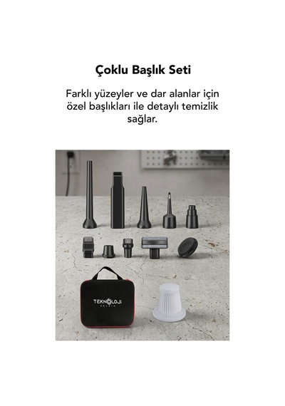 Araç İçi Süpürge Kablosuz Işıklı Göstergeli 20.000 Pa 9başlık Yedek Filtre Çantalı Çekim&üfleme 2in1