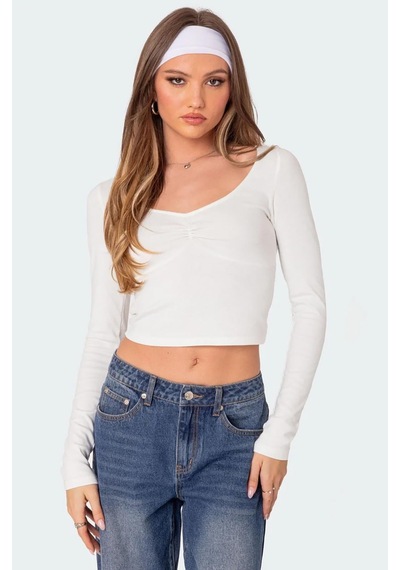 Seeh Beyaz Önü Büzgülü Uzun Kollu Kadın Body Sh200