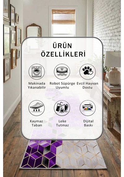 Suetro Mor Gri Salon Mutfak Yatak Odası Yıkanabilir Yolluk