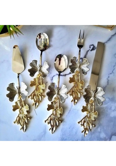 5 Parça Kelebek Desenli Gold Saplı Çelik Servis Seti