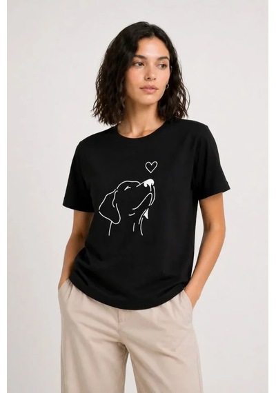 Dogutrend Köpek Figürlü Minimal Baskılı Tişört Kısa Kol Yazlık T-shirt - Siyah