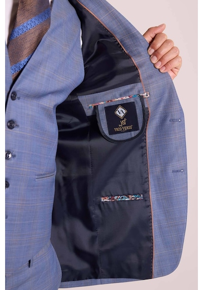 Erkek Mavi Slim Fit Sivri Yaka Yelekli Yün Takım Elbise