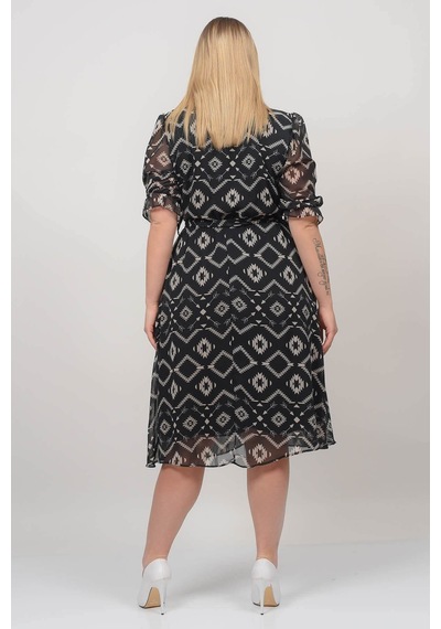 Neşeli Butik Kadın Kruvaze Yaka Midi Boy Büyük Beden Desenli Şifon Elbise Nb80622 Çok renkli