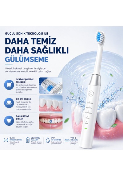 Akıllı Sonik Diş Fırçası 15000 Titreşim/dk 5 Mod Type-c Şarj Ipx7 Su Geçirmez Şarjlı Elektrikli Diş Fırçası