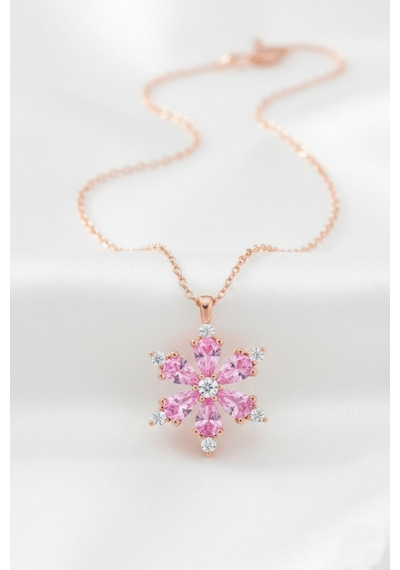 Çekirdekjewelry 925 Ayar Gümüş Pembe Taşlı Kamelya Çiçeği Kolye Rose