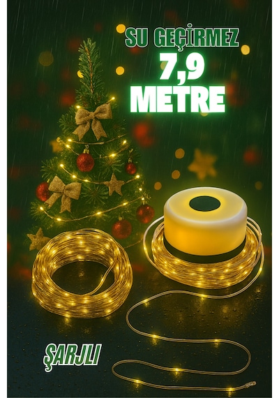 Şarjlı Makaralı Su Geçirmez Led Işık Yılbaşı İç Ve Dış Mekan Led Işık Zinciri 79 +30 Ledli 8 Metre Sarı