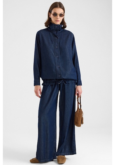 Olcay Büzgü Detaylı Soft Denim Ceket Pantolon İkili Takım Lacivert 9472-tk