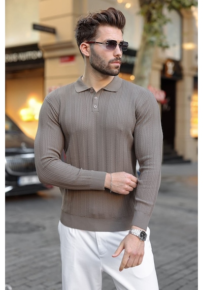 Madmext Açık Kahverengi Düğmeli Polo Yaka Desenli Over Fit Erkek Triko Kazak E7520
