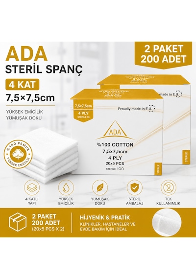 Ada Steril Spanç 4 Kat 7,5 x 7,5cm 100'lü 2 Paket