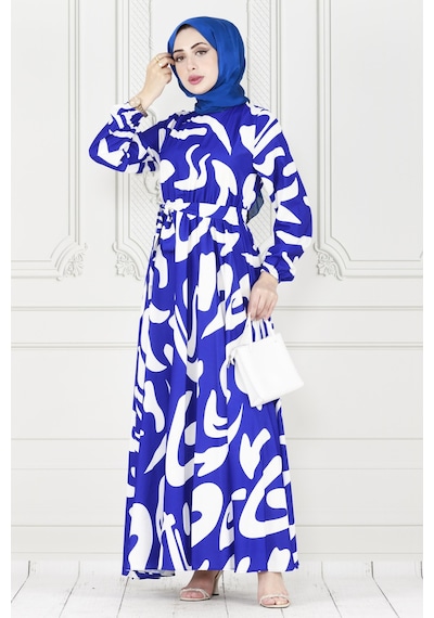Sevitli Geometrik Desenli Elbise-saks Mavi-3894-saks Mavi Saks Mavisi