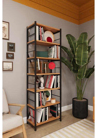 Asra Trend 6 Raflı Metal Kitaplık METALK01 %100 MDF Tek Modül Modern Kütüphane Petra