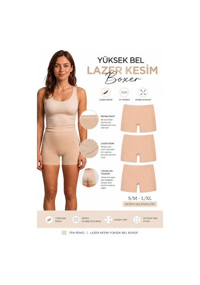 Westicgiyim Yüksek Bel Lazer Kesim Kadın Boxer Dikişsiz İz Yapmaz Kaymaz Bantl Ten