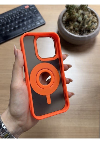 Apple Uyumlu iPhone 14 Pro Standlı Ve Yüzüklü Magsafe Kılıf Soocase721 Turuncu