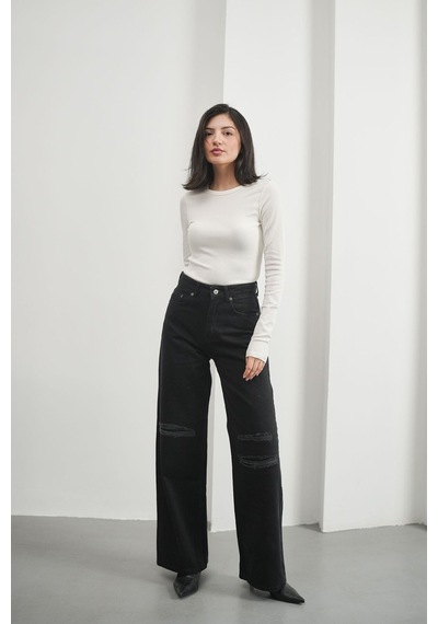 HLT Jeans Kadın Siyah Yırtıklı Wide Leg Yüksek Bel %100 Pamuk Jean Kot Pantolon Jessica-2038
