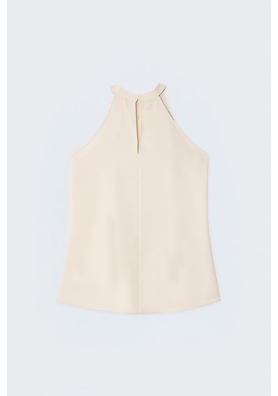 Sateen Halter Yaka Bluz - Bej-137736
