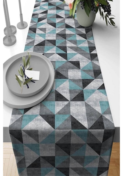 Turkuaz Geometrik Desenli Premium Masa Örtüsü Runner Rnr379n11