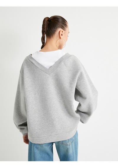Koton Rahat Kalıp Atlet Detaylı Uzun Kollu Bisiklet Yaka Şardonlu Sweatshirt Gri Melanj 7wal10050ık