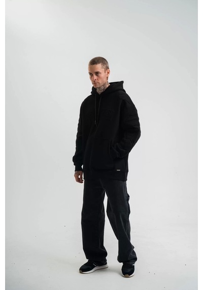 Double Oversize Kapşonlu Nakışlı Sweatshirt - Siyah Siyah