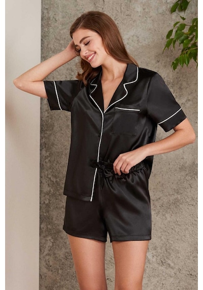 Pierre Cardin 1205 Kadın Saten Önden Düğmeli Şortlu Pijama Takım-siyah Siyah