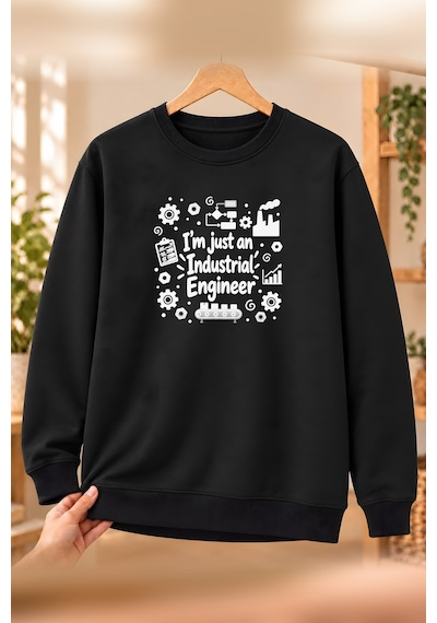 Mor Mürekkep Endüstri Mühendisi Industrial Engineer Baskılı Erkek Bisiklet Yaka Sweatshirt - Siyah