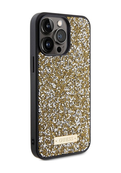 Apple Uyumlu iPhone 15 Pro Max Kılıf Guess Lisanslı Taşlı Arka Yüzey Metal Yazı Logolu Kapak Siyah